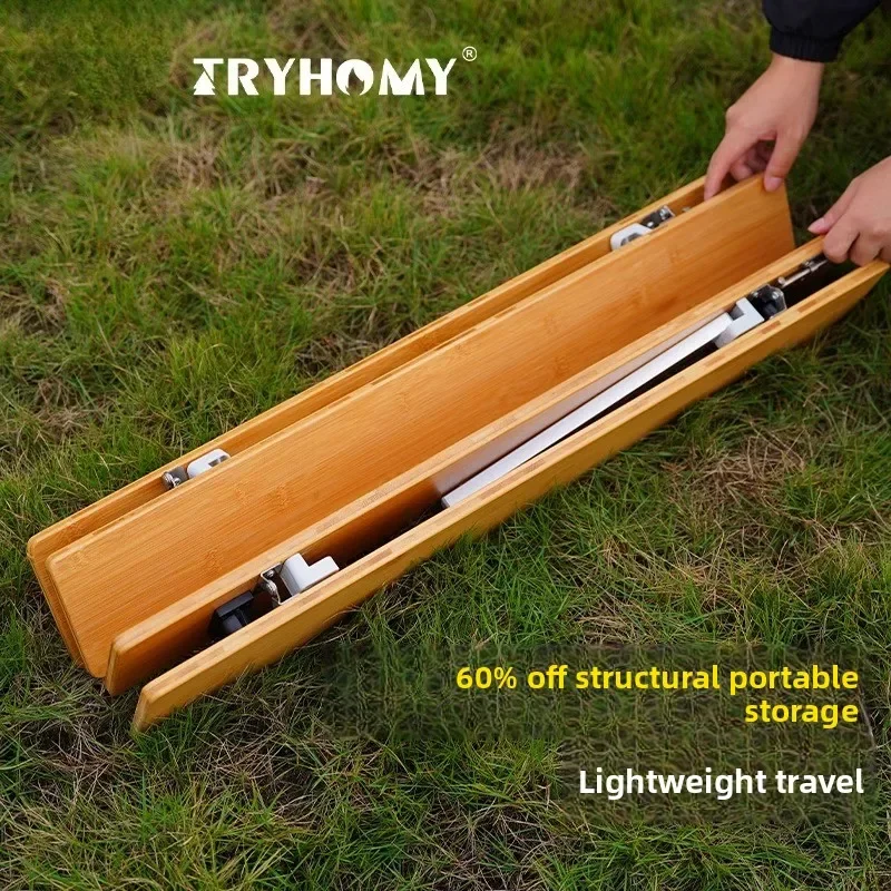 Tryhomy Outdoor Camping Table Portable Bamboo Wood Table Adjustable Leg Lightweight Picnic Barbecue Folding  Desk New