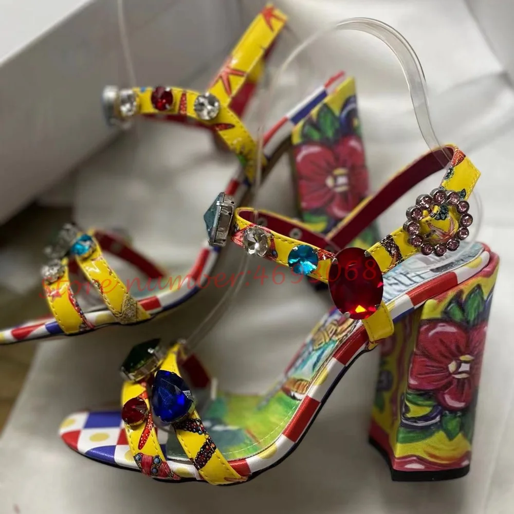 Luxury Gem Colorful Sandals Women Bright Crystal Flowers Shoes Bling High Chunky Heels Sandals Bohemian Women Summer Shiny Shoes