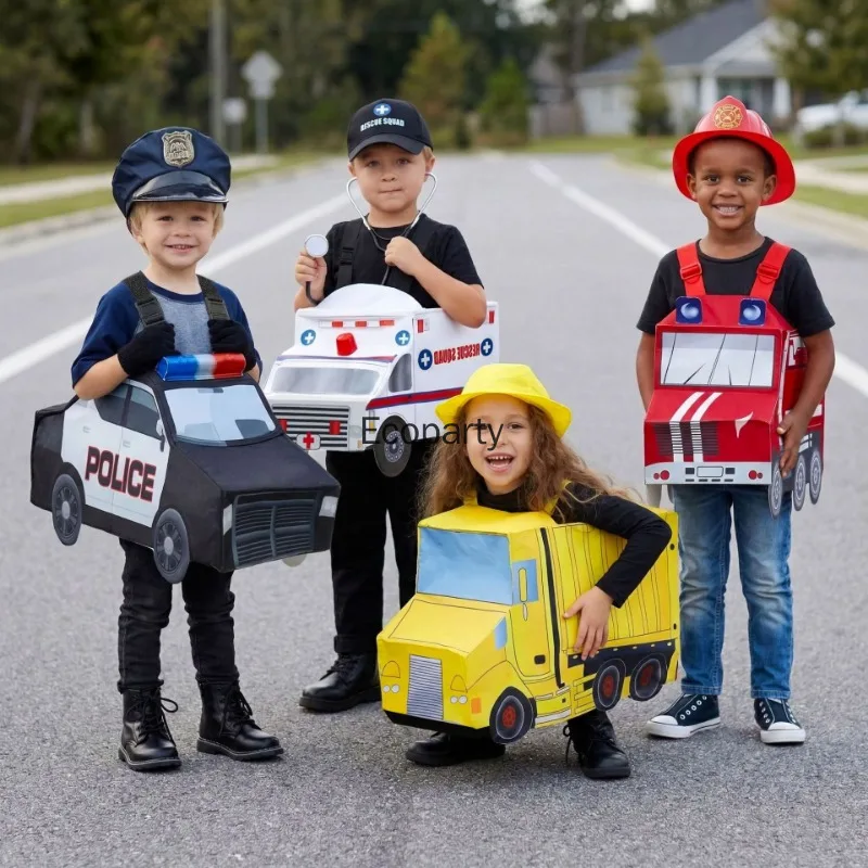 Disfraz Divertido de Camión de Bomberos y Ambulancia para Niños y Niñas, Traje de Cosplay de Bombero con Gorra, Ropa para Actuaciones de Halloween