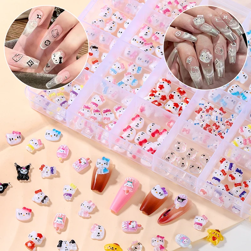 6/24 Grid Kawaii Sanrio Kuromi Hello Kitty Nail Charms Kit, Bling/Matte Flatback Resin Design For Nail Phone Case Har Clip Diy