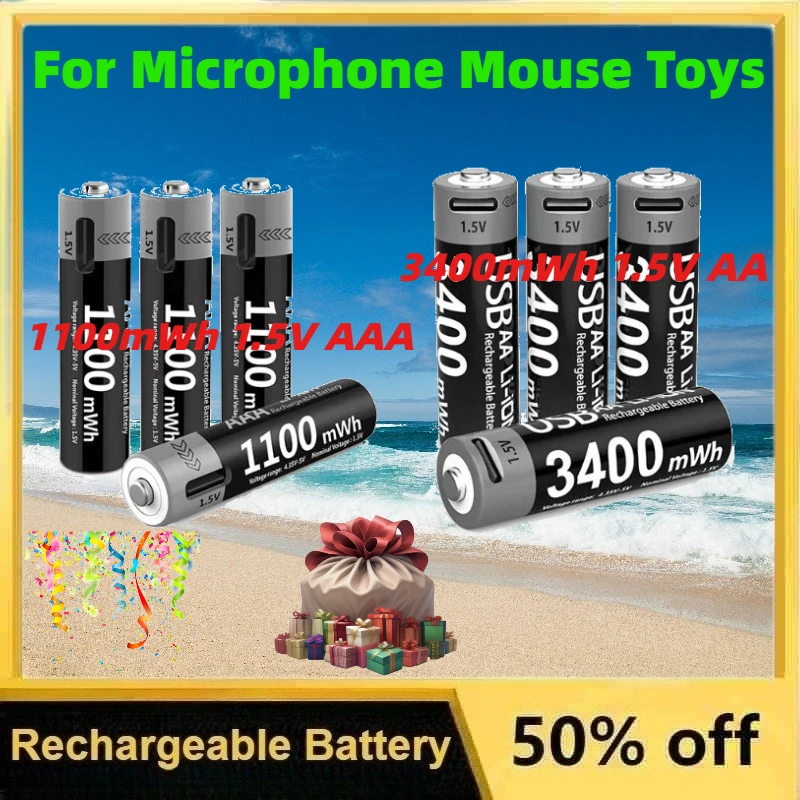 

1.5V AA + 1.5V AAA Rechargeable USB Lithium-ion Batteries for Microphone Mouse Toys Cyclic Charging 3400mWh + 1100mWh