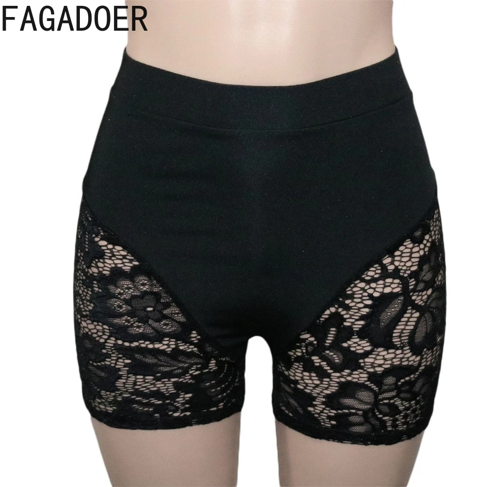 FAGADOER Black Sexy Lace Splicing Perspective Two Piece Sets Women V Neck Strap Sleeveless Bra + Shorts Hollow Nightclub Outfits