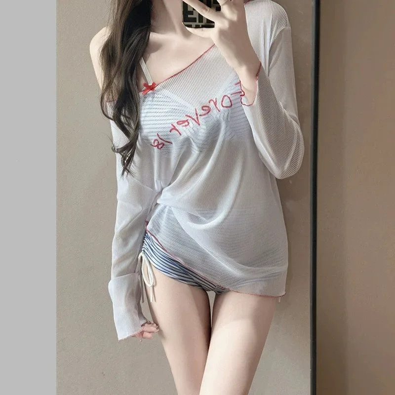 Summer High-end Sense Simple and Sexy Gathering Slimming and Sun Protection Cover Shirt Striped Bikini Swimsuit Hot Spring Women