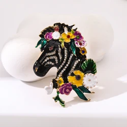 Enamel Flower Black Horse Women Brooch Pins Jewelry Badge
