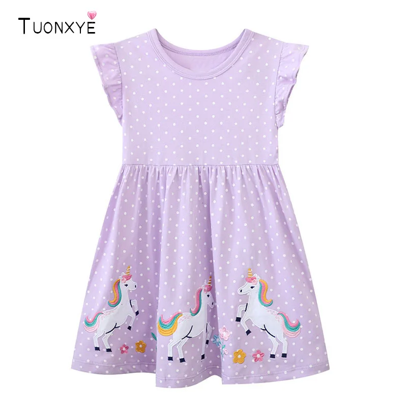 TUONXYE Summer Girls Short Sleeve Cute Point Dress Cotton Cartoon Embroidery Unicorn Flowers Soft Knitting Children's Dresses