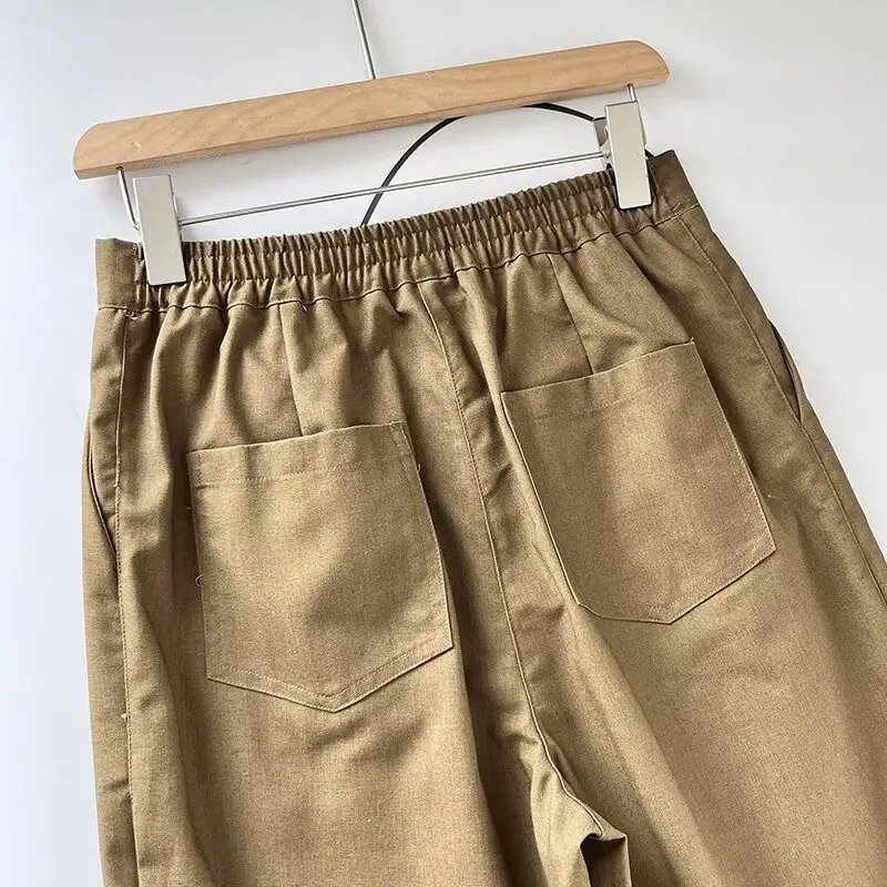 Tangada 2024 Women Khaki Cotton Linen Pants Trousers Pocket Female Suit Pants 6D060