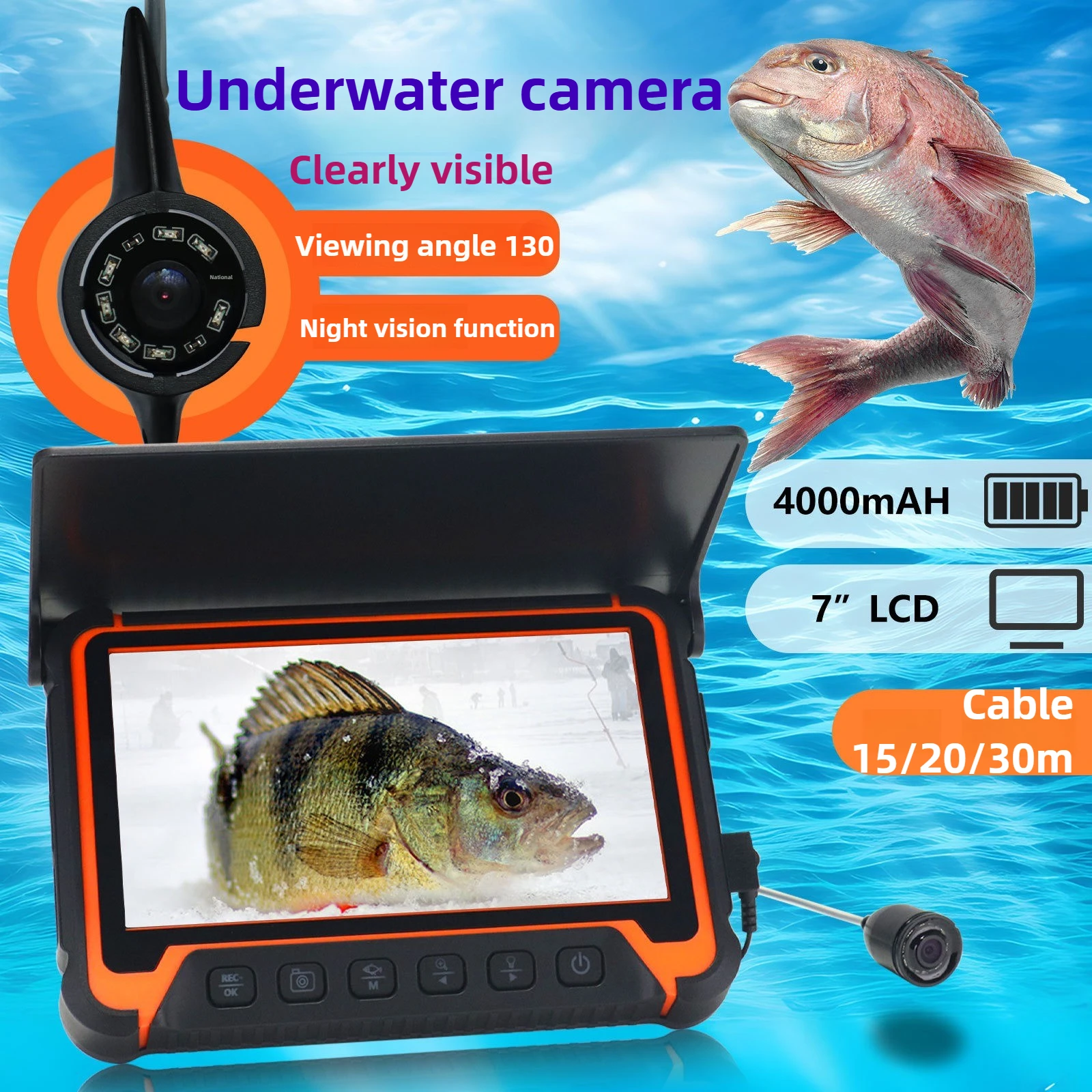 Ultra-clear 7-inch Large-screen Underwater Fish Finder, Temperature and Depth Sensing Monitor, Video Storage Fishing Camera