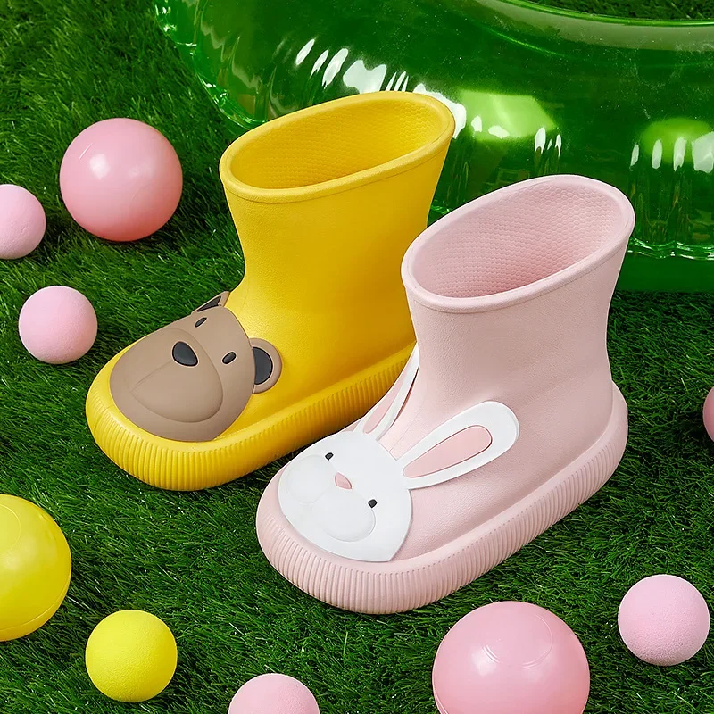 Children\'s Rain Cartoon Boots Waterproof Non-Slip Rubber Shoe Cute Bear Rabbit Shoes for Boys Girls EVA Middle Tube Water Shoes