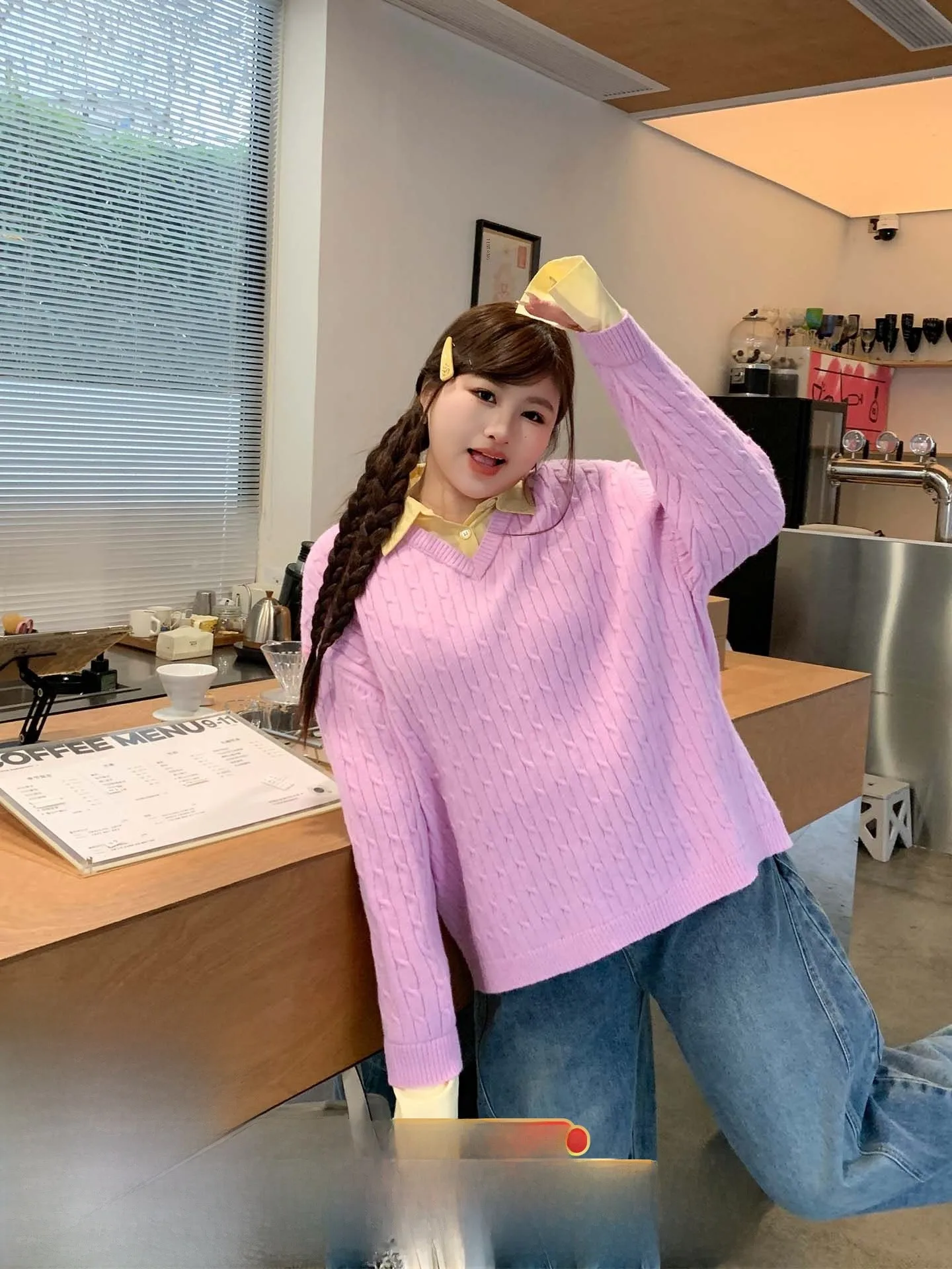 

YUZI Large Size Women's Sweater Patchwork Knitted Top Sweet Dopane Sle Pink Color Slimming Effect College Sle Winter Wear
