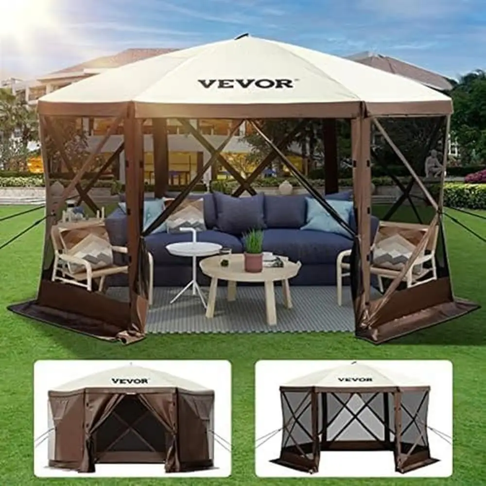 Camping Canopy Gazebo Tela Tenda, 6 Lados Abrigo com Janelas de Malha, Leve Saco e Estacas, Impermeável, À Prova de UV, Pop-up, 12ft x 12ft