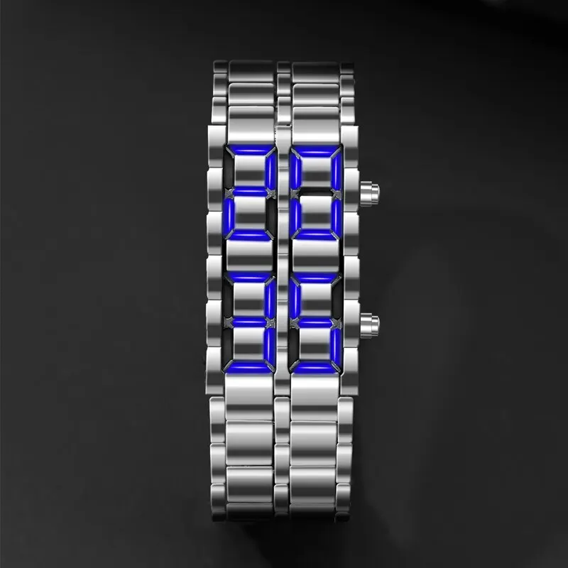 Fashion Silver Full Metal Digital Lava Wrist Watch Men Blue LED Display Mens Watches Gifts for Male Boy Sport Creative Clock