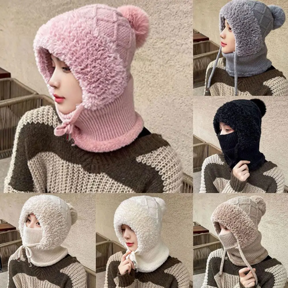Women Winter Velvet Knitted Woolen Balaclava Hat Ear Protection fluffy Hat Mask Neck Integrated Warmth Cover Hat lady hooded cap