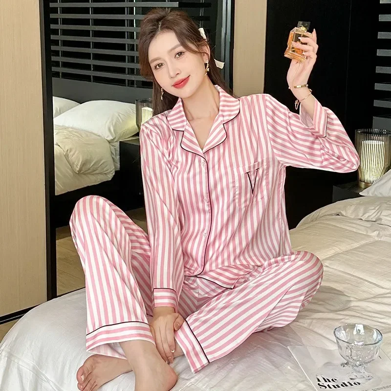 Autumn New Ice-silk Casual Long Sleeve Tops with Trousers 2Pieces Pajamas Sets Women\'s Printed Satin Soft Sweet Sleepwear