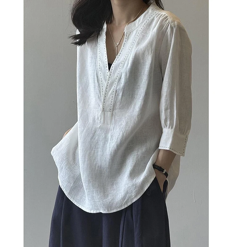 Linen V Neck White Shirts Three Quater Sleeve Loose Casual Fashion Tops Blouse Office Ladies Shirt