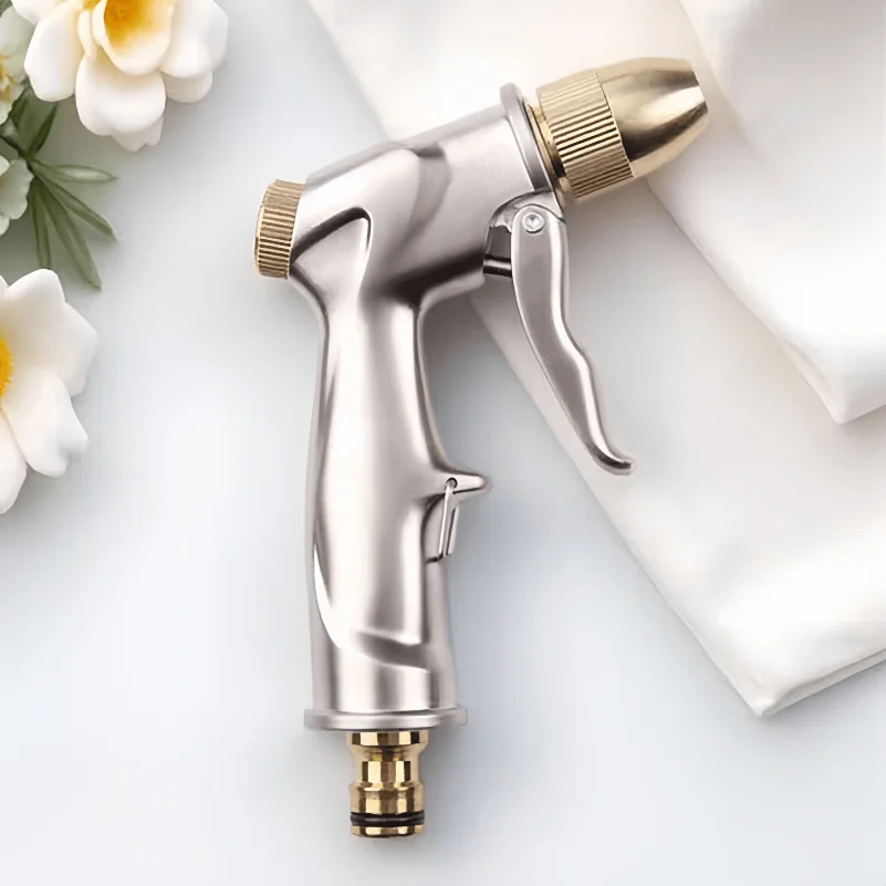 Heavy-Duty Metal Garden Hose Nozzle, 4 Spray Patterns, High-Pressure Gun for Watering, Car Wash, Yard Cleaning, Pet Bathing