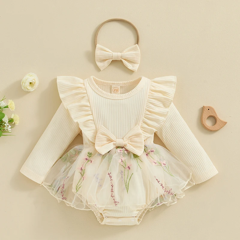 Toddler Baby Girl Fall Winter Outfit Set Floral Tull Romper Dress Ruffles Long Sleeve Clothes Jumpsuit with Bow Headband