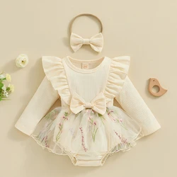 Toddler Baby Girl Fall Winter Outfit Set Floral Tull Romper Dress Ruffles Long Sleeve Clothes Jumpsuit with Bow Headband