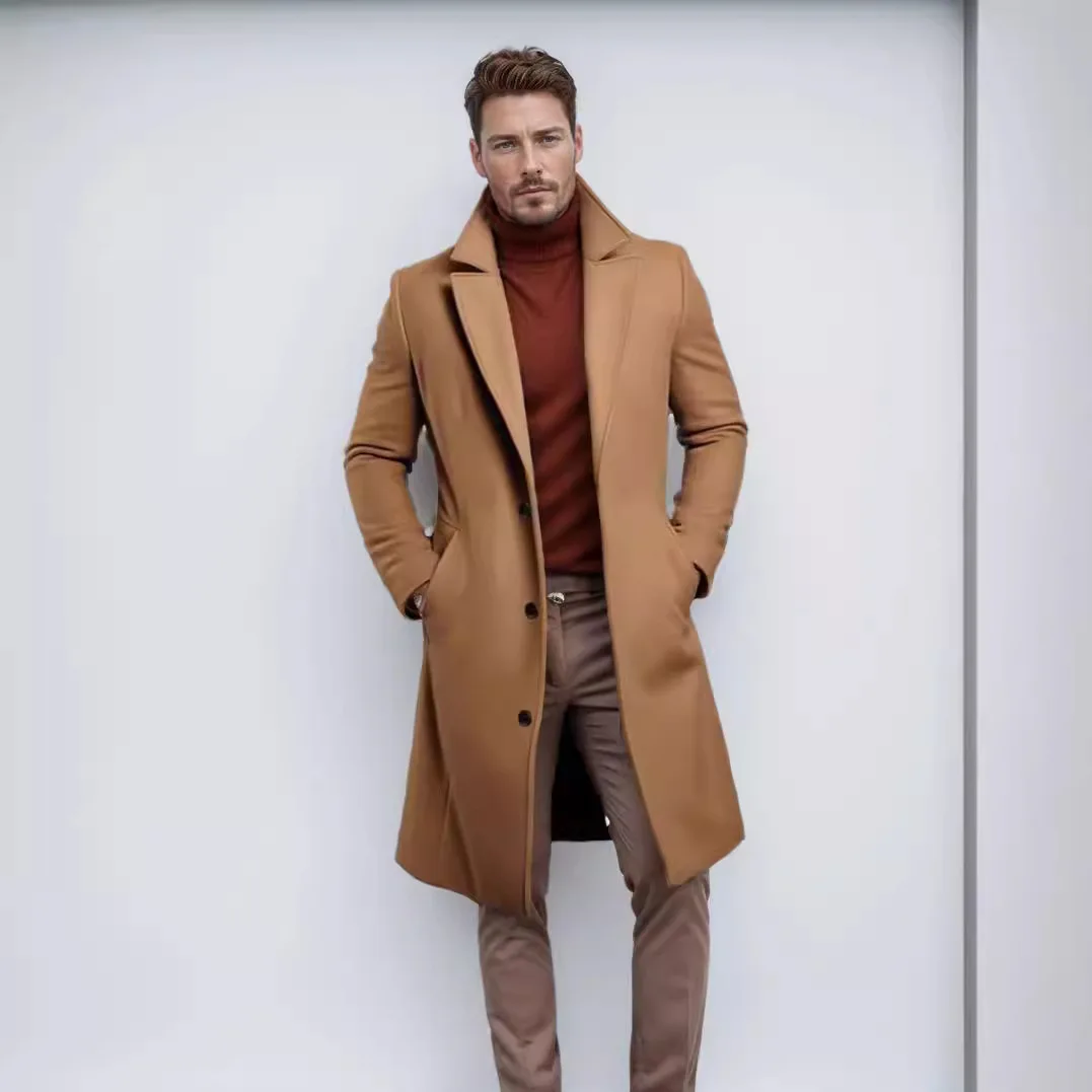 Men's Jacket Men's Medium And Long Solid Color Autumn And Winter Woolen Coat Warm Youth Coat Coat
