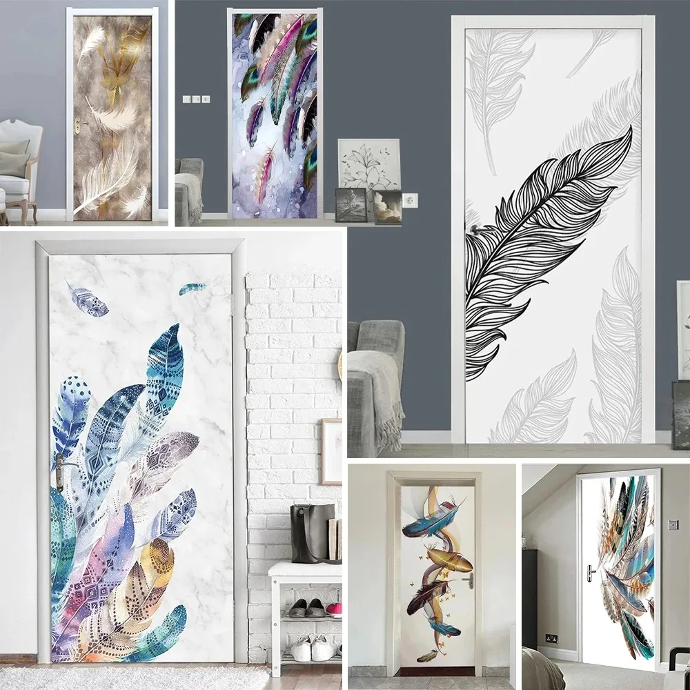 

Colorful Falling Feather Door Mural Sticker Self Adhesive Abstract Line Wing Design Door Wrap for Fridge Wardrobe Home Decor