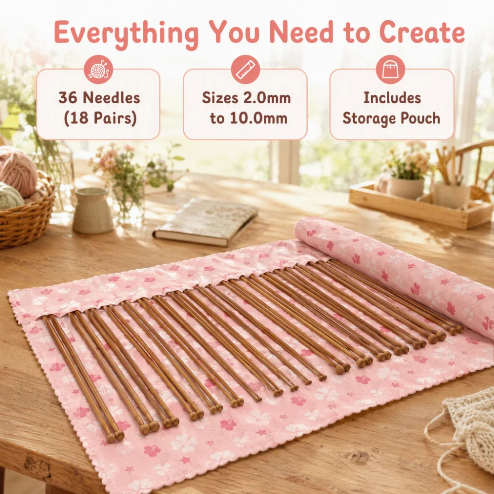 36pcs 0.2-1cm Sizes Knitting Needles Set Single Point Design Carbonized Finish Carbonized Needles Bamboo Knitting Needles