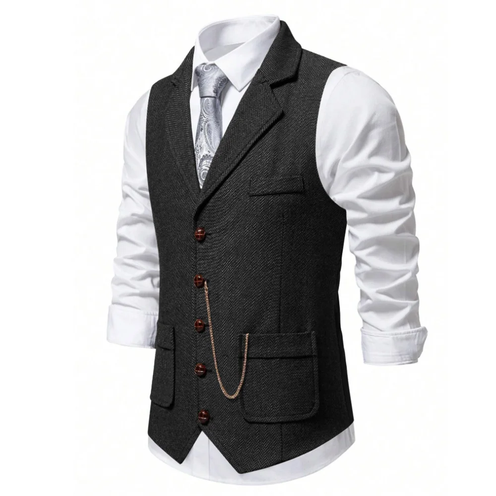 ผู้ชาย Herringbone Tweed Wool Vest Retro Lapel Single Breasted Casual แฟชั่น SLIM FIT เสื้อกั๊กผู้ชายสบายธุรกิจ