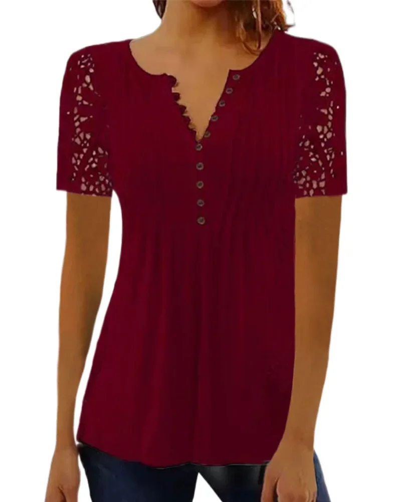 Verão primavera nova feminina solta e confortável casual renda com decote em v blusa impressa floral manga curta elegante moda camisa