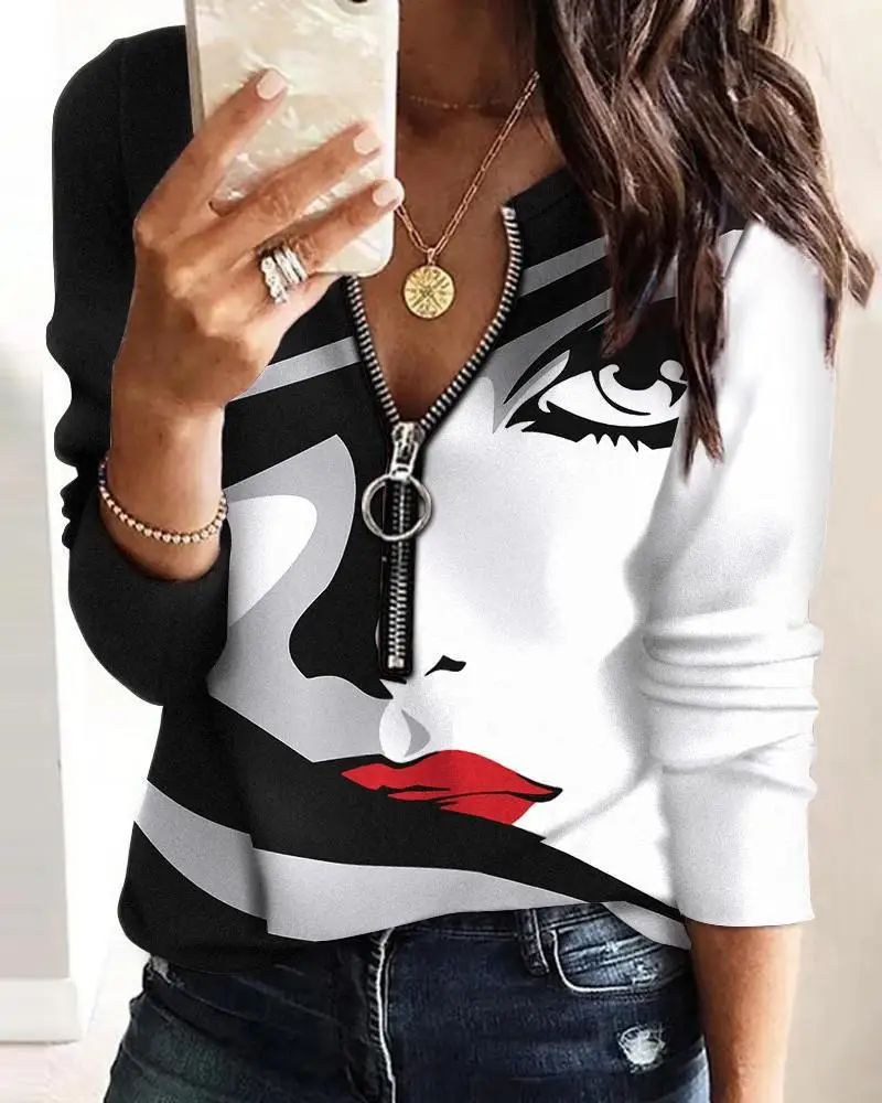 Spring Elegant Women's Zipper Blouse Tops Spring Casual Print Long Sleeve Pullover T-shirt Women Shirts 2024 New Female Clothing