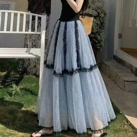 Lace lace flocked small polka dot mesh fluffy cake polka dot skirt women's autumn high-end gauze skirt