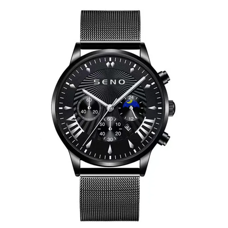 

Three-eye alloy men's simple decorative business calendar steel bracelet watch men's quartz watch