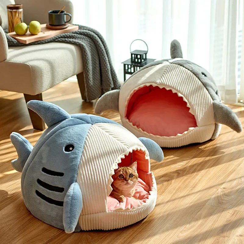 Cartoon Pet Semi Enclosed Cat and Dog Bed Big Mouth Shark Warm Kennel Pet Tent Comfortable Cave Soft and Washable Portable Nest