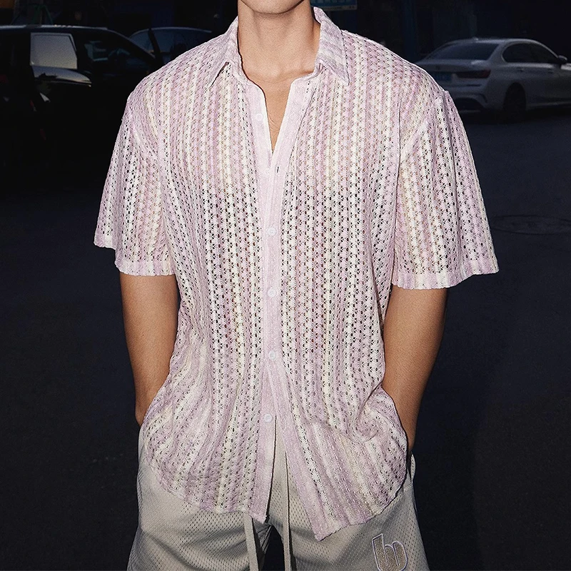 Vintage Turn-down Collar Buttoned Shirt Mens Seaside Sexy Hollow Out See Through Mesh Shirts Fashion Men Short Sleeve Cardigans