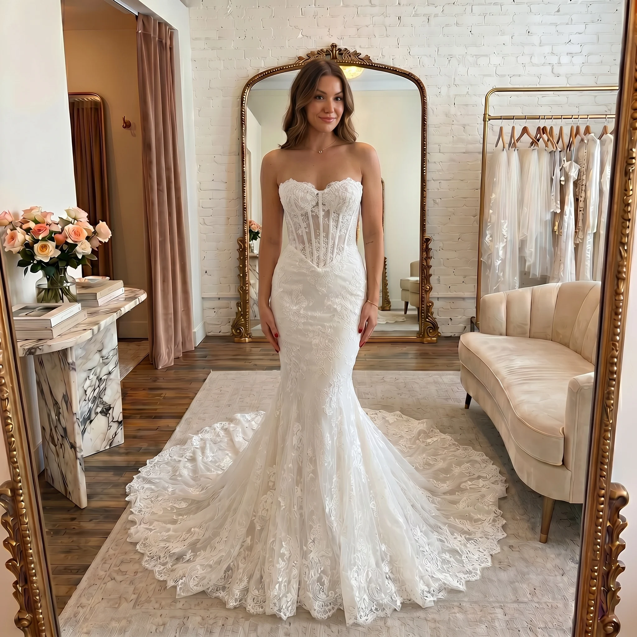 Corset Mermaid Wedding Dress Allover Floral Lace Scalloped Cathedral Train Elegant Custom Ivory Bridal Gown Vestido De Novia