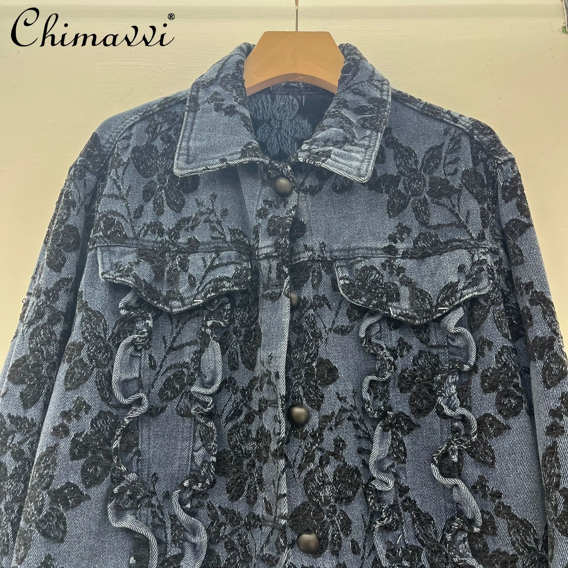 

Fashion Streetwear Turn-Down Collar Long Sleeve Embroidery Jeans Coat Single-Breasted Versatile Casual Denim Jacket Women Autumn