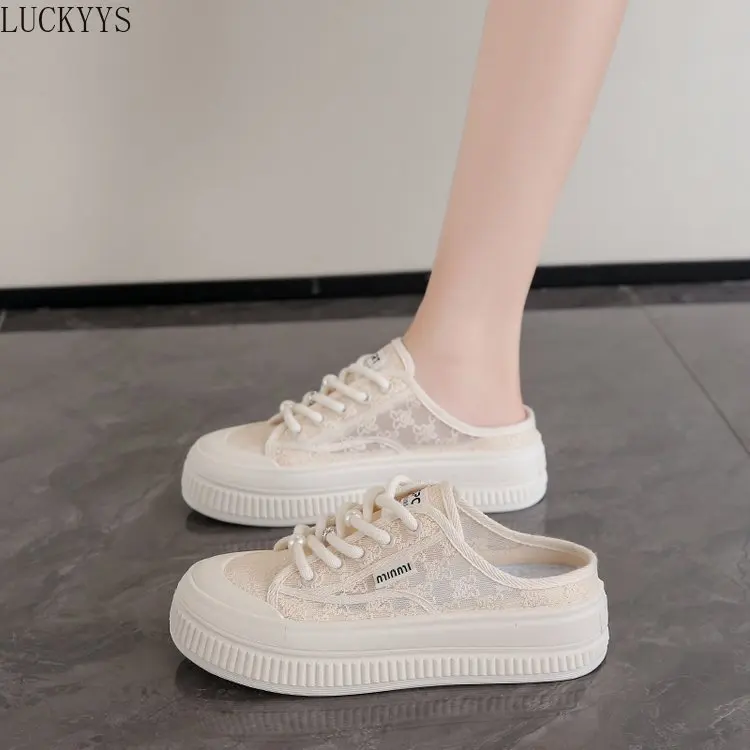 Korean Version Lace Breathable Thick Soled Small White Shoes 2024 New One Foot Mesh Casual Wrapped Half Slippers for Women