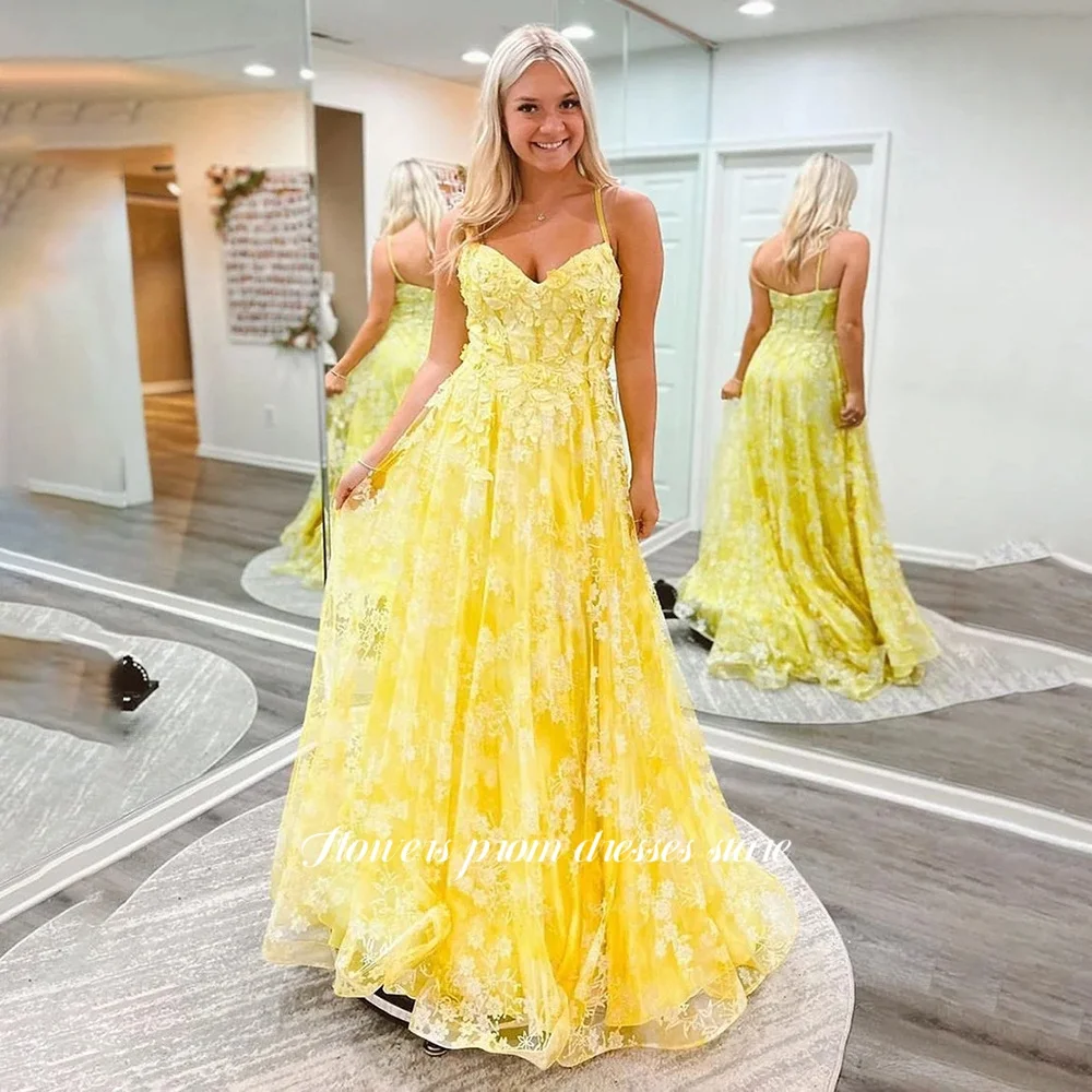 

Flowers Yellow Party Dress Applique Evening Gowns A Line Prom Princess Gowns with Lace vestidos de fiesta Customized
