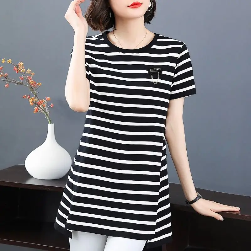 Black White Striped Short Sleeve 2024 New Summer Korean Fashion Irregular O-neck T-Shirt Women Clothing Casual Patchwork Top Tee