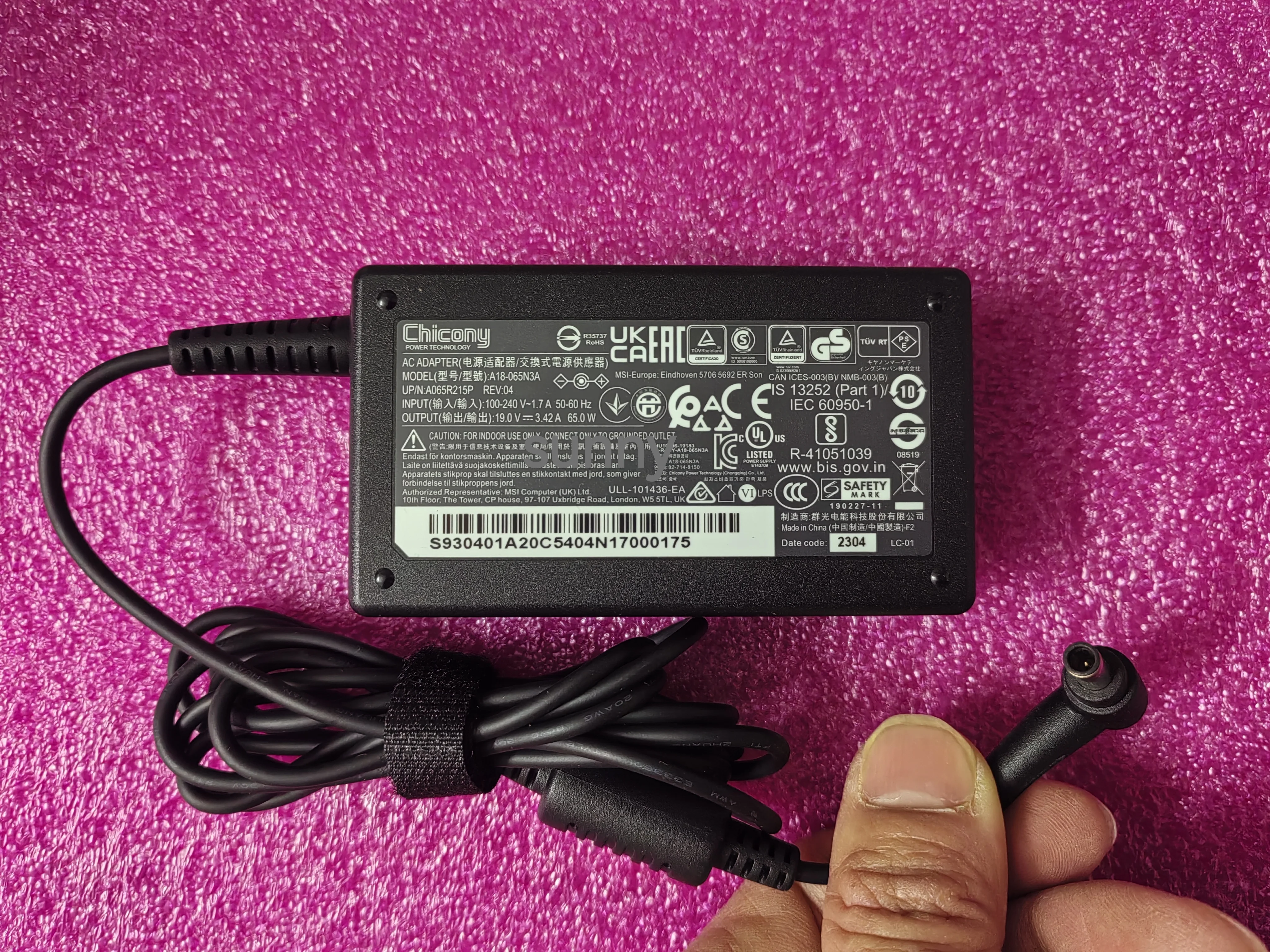 NEW OEM Chicony 19V 3.42A A18-065N3A For MSI Summit B15 A11MT-232AU Laptop 4.5mm 65W AC Adapter Original