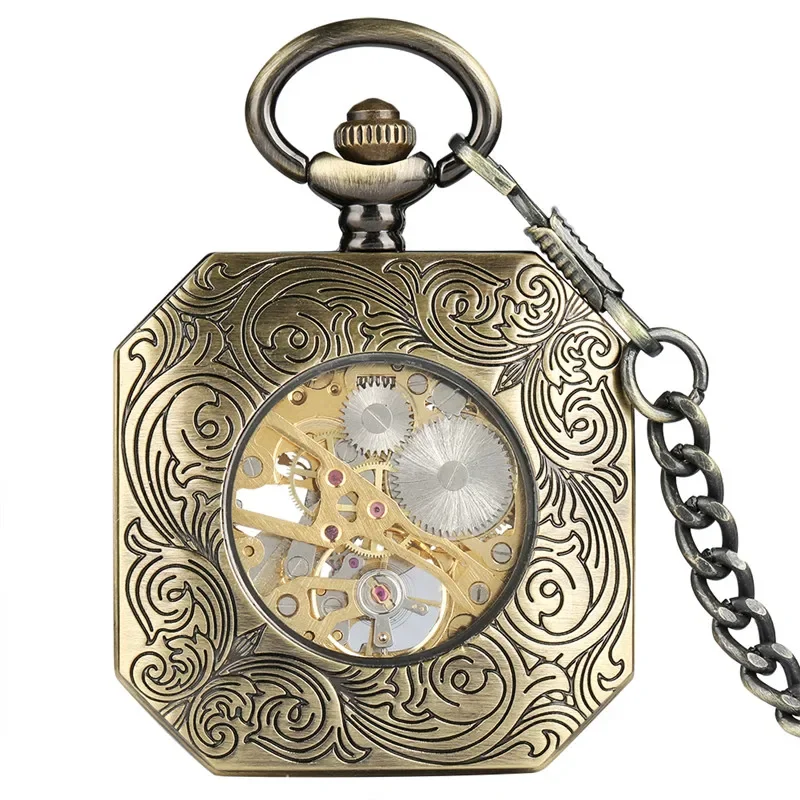 Steampunk Open Face Watch Men Women Hand-winding Mechanical Pocket Watch Roman Numerals Pendant Chain Fob Skeleton Clock