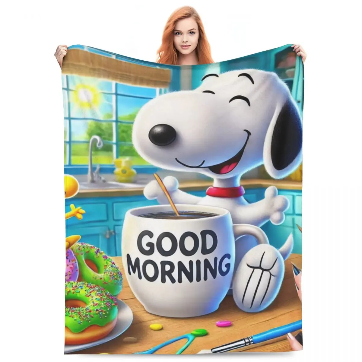 Snoopy Good Morning Blanket Camping Flannel Throw Blanket For Couch Bed Super Soft Custom DIY Quality Bedspread Gift Idea