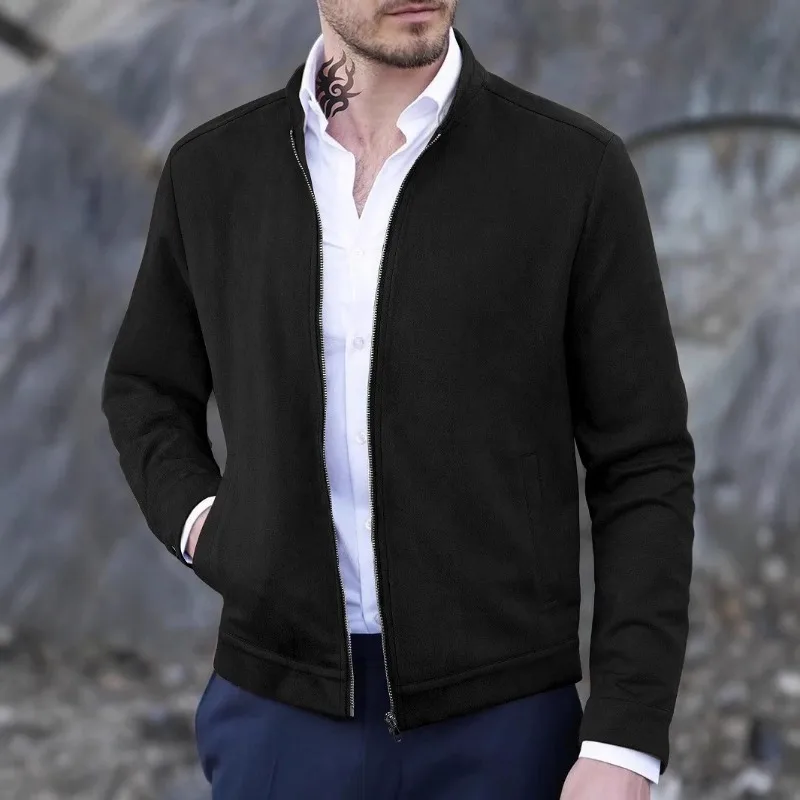 Men Stand Collar Suede Zip Up Jacket Slim Fit Casual Solid Outerwear Coat For Autumn Winter Daily Wear