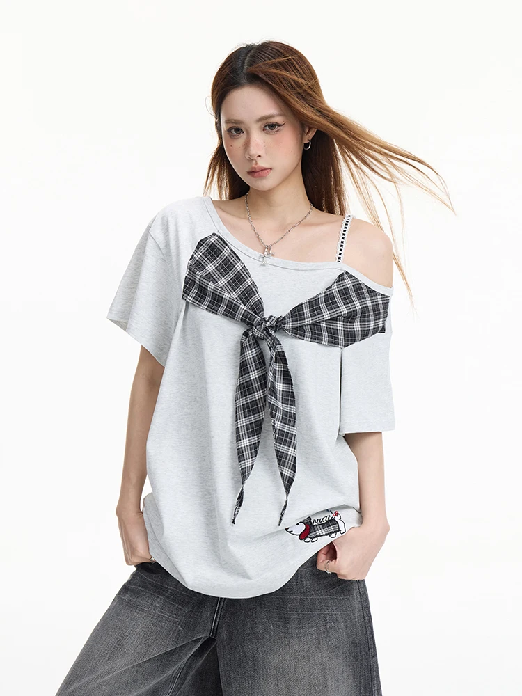 

Оригинальная женская футболка Nuxin Sweet Cool с открытыми плечами, летняя, свободного кроя, с 3D-узлом сбоку