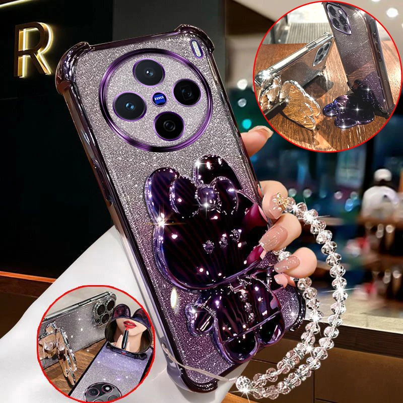 

X200 Fashion Case For Vivo X200 X100 X90 X80 X70 X60 X50 Pro Rabbit Makeup Mirror Stand Holder with Bracelet Shockproof Cover