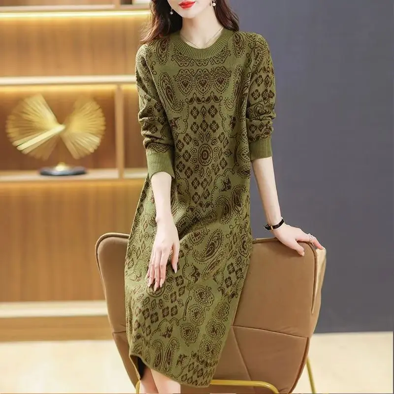 Women's Vintage Print Round Neck Loose Floral Dress Spring Autumn Knit Base Layer Dress Casual Dress