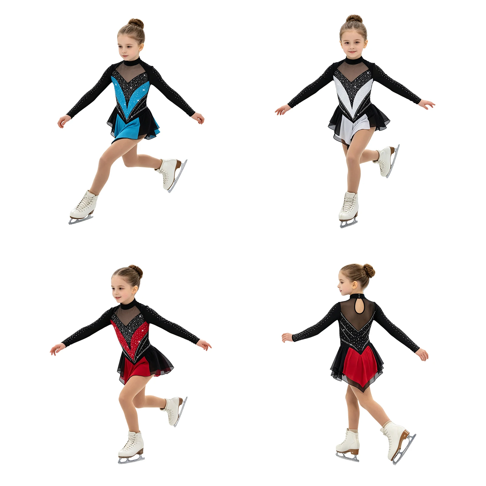Kinder Mädchen Strass-Gymnastik-Trikot Eiskunstlauf Ballett Lyrisches Tanz-Auftrittskostüm Trikotkleid mit unregelmäßigem Saum – Detail 2
