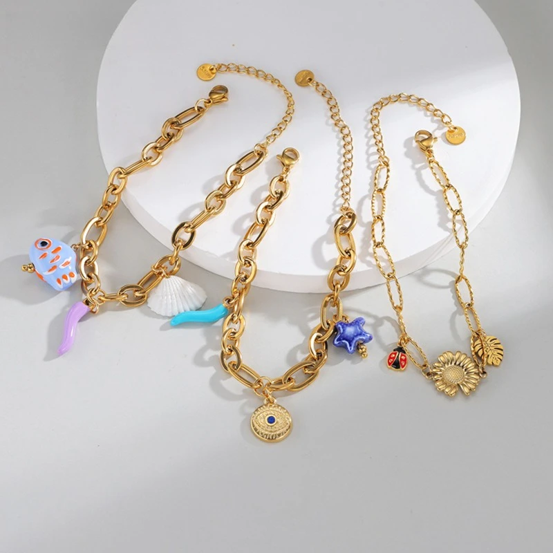 

Ocean Style Gold Color Plated Fish Shell Star Charm Stainless Steel Bracelet Summer Beach Jewelry For Women Man Gift