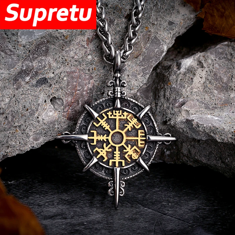 Mens Viking Compass Necklaces Stainless Steel Double-sided Norse Runes Trident Pendant With Genuine Leather Chain Amulet Jewelry