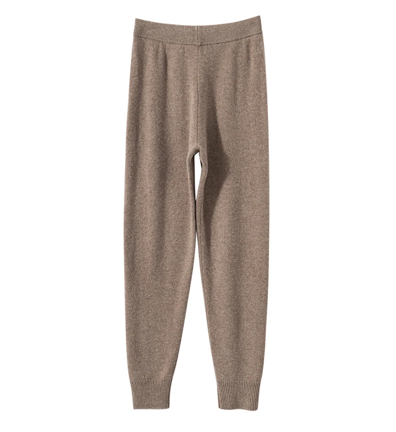 Women's Knitted 100% Wool Pants with Double Pockets and Elastic Waistband for Autumn and Winter, High Stretch Sports Style Pants