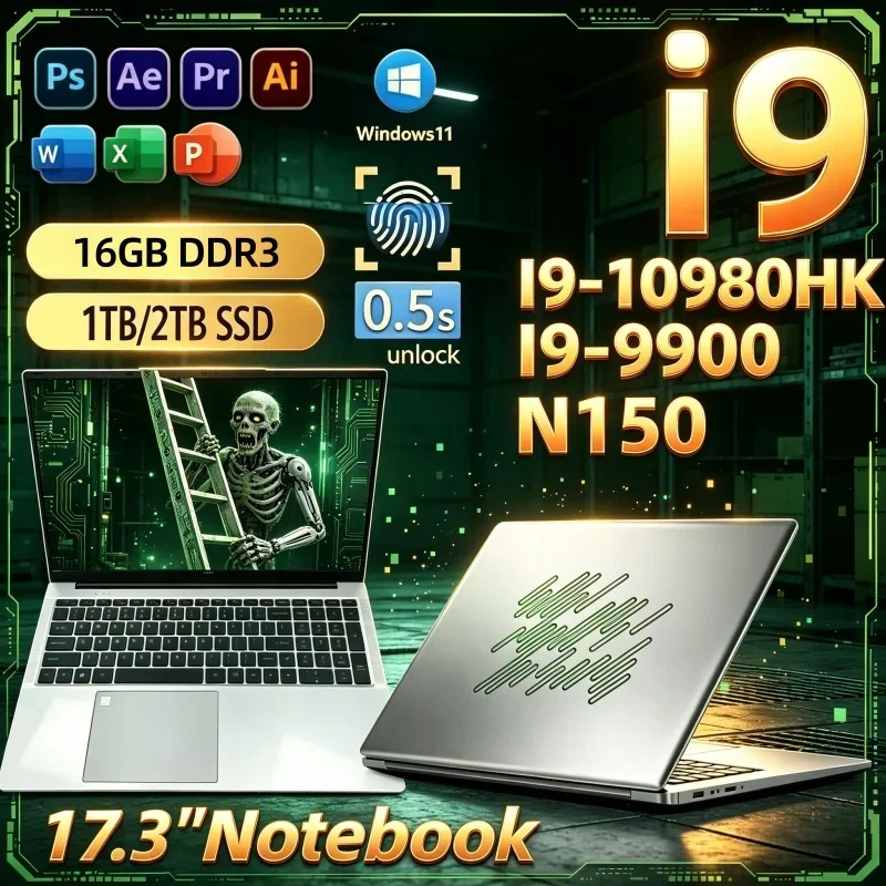 New Hot Robust 17.3 Inch Ultra‑Slim Notebook,2026 Intel I9‑10980HK/I9‑9900/N150 16GB 32GB 2TB SSD Win11 Office Laptop