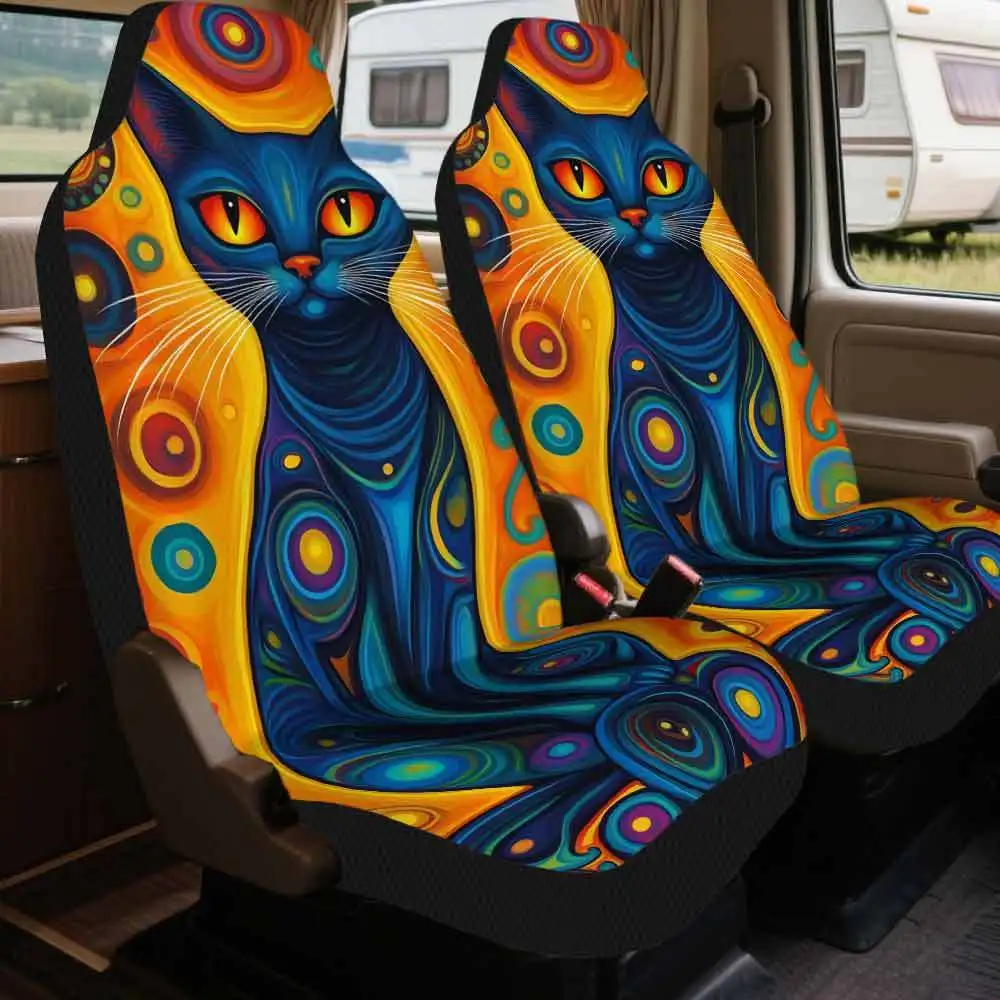 2pcs Car Seat Covers Set, Halloween Cosmic Cat Print, Fashionable Vehicle Seat Covers. Fits Urban Daily Travels, Weekend Outing