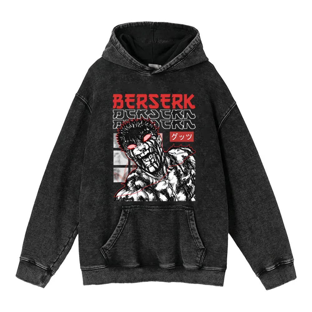 Anime Berserk Hoodie Japanese Cosplay Cotton Adult Men Washed Distressed Black Printed Hoodie Pullover Hooded Sweatshirt Top